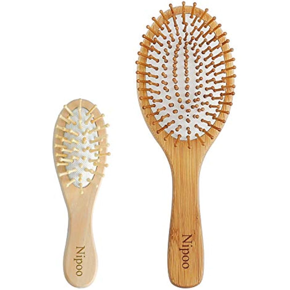 Natural Wooden Paddle Hair Brush Bamboo Bristle Detangling Brush + Mini