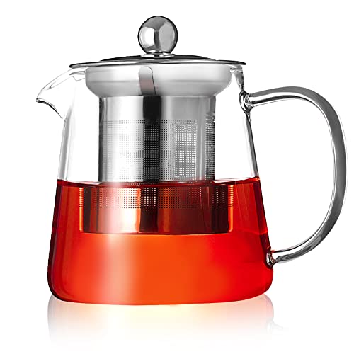 PluieSoleil Clear Glass Teapot with Infuser, Round Shape Infuser Tea Pot, Heat Resistant Borosilicate Glass Strainer Teapot 450ML
