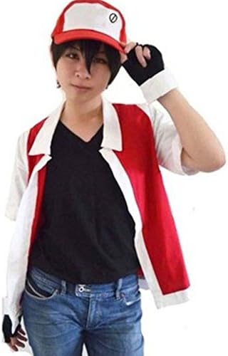 HAIK Pokemon Cosplay Costume Hoodie Cosplay Jacket Gloves Hat Sets for Trainer (XXX-L, Red)