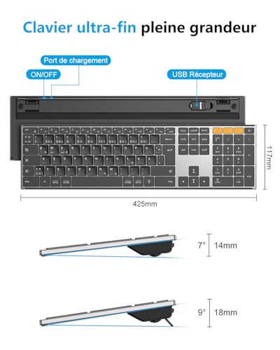 OMOTON Wireless Metal Keyboard, Bluetooth 2.4G Backlit Keyboard, Rechargeable with 2 Channels French AZERTY Scissor Keyboard Ergonomic Quiet for PC/Mac/Windows (Black)