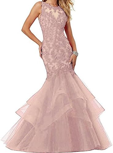 FASHION DRESS Women's Applique Tulle Long Mermaid Prom Dress Blush 18