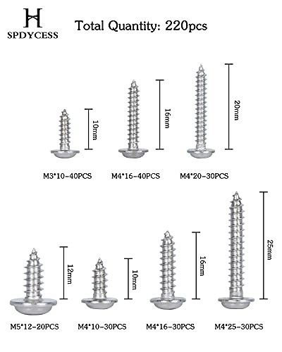 220pcs M3 M4 M5 Selbstschneidende Schrauben Set 304 Edelstahl Cross Drive Linsenkopf Holzschrauben Sortiment Kit mit… – Bild 3