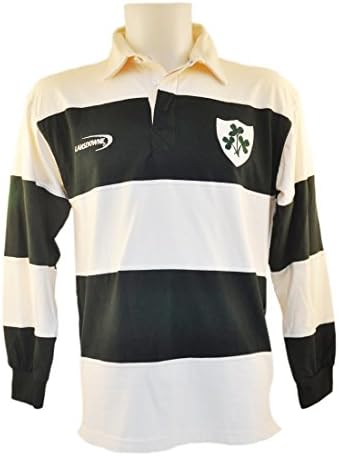 Polo Shirt With Irish Rugby Shamrock Crest, Cream And Green Stripes