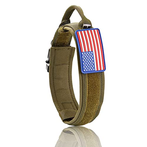 RILPET Tactical Dog Collar, Adjustable Military Training Nylon Collar with US Flag Patch with Control Handle and Heavy Metal Buckle for Medium Large Dogs (M, Type1-Green)