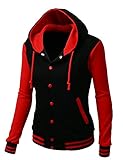 Women's Stylish Fabric Hoodie Baseball Jacket Overcoat BLACKRED Size M