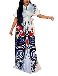 Vestido largo de manga corta con cuello en V, con estampado floral africano suelto, falda de línea A, talla grande con cinturón de bolsillos