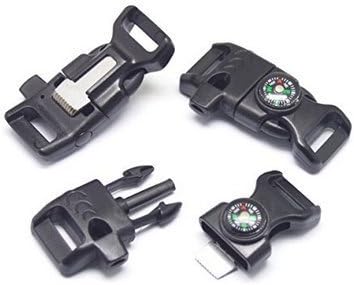 6 Pics Whistle Buckle Compass, 1/2" Whistle Buckles w/ Flint Fire Starter &amp; Striker for Paracord Bracelet Outdoor, Black