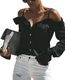 ECOWISH Womens Shirts Sexy Spaghetti Strap Off Shoulder Long Sleeve Shirts Casual Button Down Blouse Tops Black S