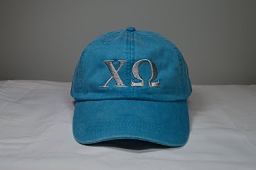 Chi Omega Sorority Baseball Hat Designer Greek Letter Design Sorority Sports Cap Bright Blue Hat with Gray Thread Standard Size Adjustable Leather Strap Officially Licensed by Coastal Palm