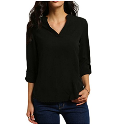 Heyuni. Womens Sexy Chiffon V Neck Ruffle Loose Fit Blouse Top Shirts,Black,L