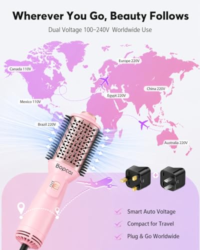 Travel Blow Dryer Brush in one, Dual Voltage 120V-240V Mini Hair Dryer Brush, Portable 2-Inch Hot Air Brush, 4-in-1 Dry, Volumize, Curl & Straighten Styler with EU&UK Plug
