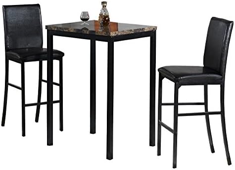 3 Piece Kitchen Pub Table Sets,Includes Faux Marble Top Table and Two Comfortable Chairs Made w/ Metal and Wood in Black (Table dimensions:30Lx24Wx41H inches)(Stool dimensions:18Wx21Dx45H inches)