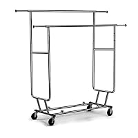 Cu AlightUp Double Rail Rolling Garment Rack with Adjustable Extensible Rails Heavy Duty Collapsible Clothing Hanging Coat Rack Commercial Grade Clothes Drying Rack Dress Shirt Storage Stand, Black