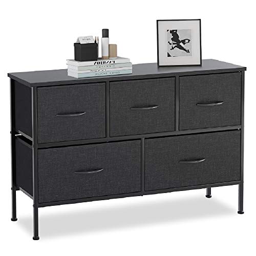 Bizroma 5 Drawer Wide Fabric Dresser, Heightened Feet and Wall Nails