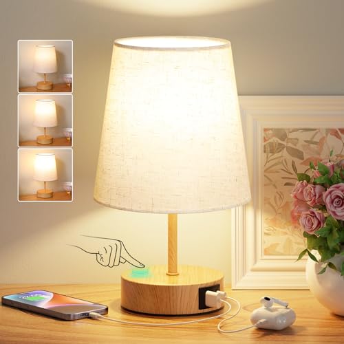 PreeOtti Bedside Lamp Touch Dimmable Table Lamp with USB A+C Charging Function | Lampshade in linen colour, small lamp for bedside table, living room, bedroom, children's room, office, bulb included