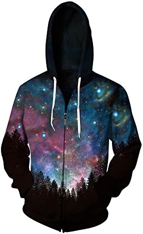 ISTider Unisex 3D Forest Trees Night Scenery Zip Up Fleece Hooded Sweaters (L/XL, Tree Starry)
