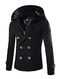 Mens Stylish Fashion Classic Wool Double Breasted Pea Coat with Removable Hood