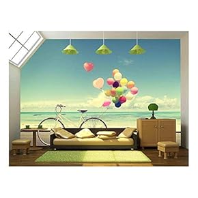 Bicycle Vintage with Heart Balloon on Beach Blue Sky Concept of Love in Summer and Wedding - Removable Wall Mural | Self-Adhesive Large Wallpaper - 66x96 inches