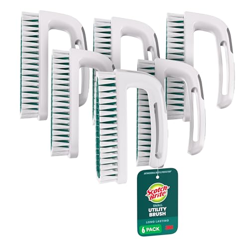Scotch-Brite Small Utility Brush, Long Lasting Dish Brush with Handle for Scrubbing Cookware, Hands, Tile, Grout, Cutting Boards, and Utensils without Scratching, Antimicrobial, and Rinses Clean
