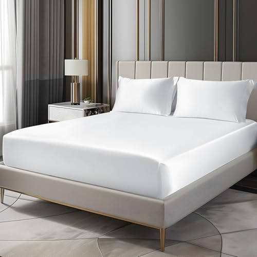 BEDELITE Satin Fitted Sheet & Pillowcase Set, Cal King Size, White, 3-Piece at Amazon