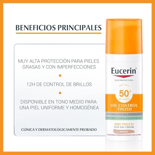Sun Face Oil Control FPS 50+ con color tono medio (50 ml), protección solar facial 50+ con filtros UVA/UVB, crema solar para piel grasa y propensa al acné, crema de sol con color y matificante