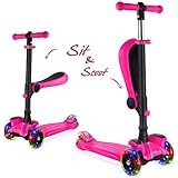 BELEEV 2 in 1 Kick Scooter for Kids with Folding Seat, 3 Wheel Scooter for Toddlers Girls Boys, Adjustable Height, Lean to Steer with PU Light Up Wheels for Children from 2 to 14 Years Old (Pink)