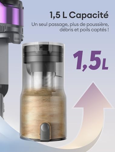 Aspirateur Balai sans Fil, 55kPa Puissant pour Poils Animaux, Technologie GreenEye, Tube Pliable 65cm, Filtre HEPA H13 Anti-Allergie, 60min Autonomie, Sol Dur/Voiture/Moquette