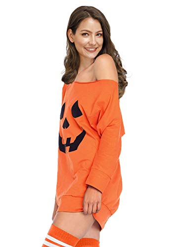 Halloween Womens Pumpkin Off Shoulder Sweatshirt Orange 3/4 Sleeve Pullover Tops M - Thumbnail 3