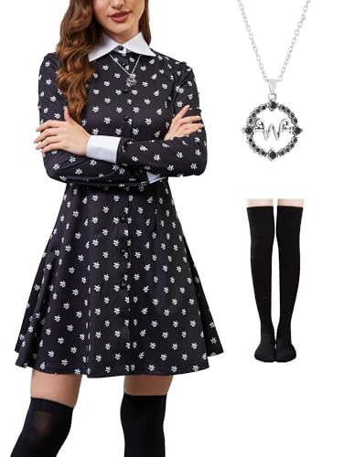 AXUIOKRY Womens Long Sleeve Peter Pan Collar Dress with Socks Necklace at Amazon