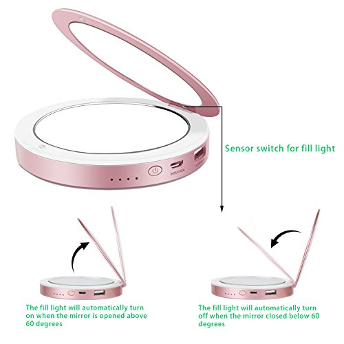 image for Shinngo 3000mAh Portable Charger Mirror Compact Vanity Mirror with Lig