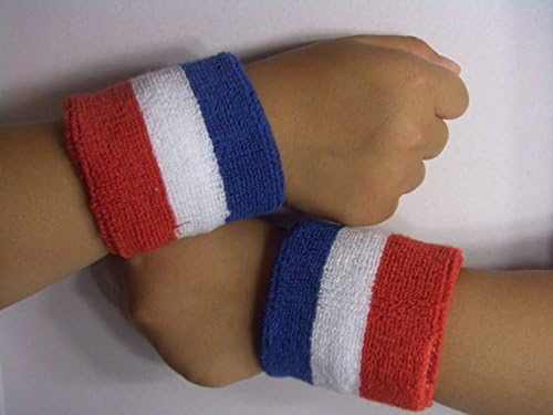 SockTower 2 Pieces Large(10x8cm) Blue White Red Wristband Sports Athletic Terry Cotton Cloth Sweatband Red White Blue