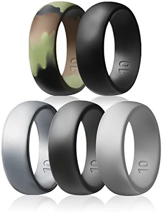 Marrimi Silicone Wedding Rings For Men,5 Rings Pack,Size 8 to 12,-Black,Dark Grey,Silver,Army Camo