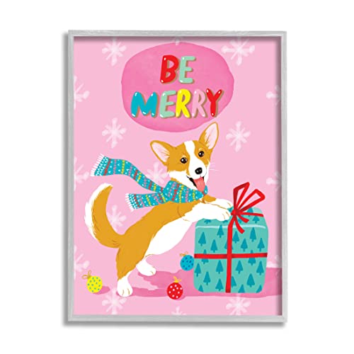 Stupell Industries Be Merry Smiling Puppy Gift Giclee Framed Wall Art, Design b…
