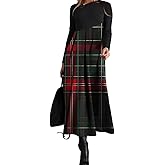 Women Vintage Ethnic Floral Printed Long Sleeve V Neck Dress Fall Winter Elegant Slim Fited High Waist A-Line Maxi Dresses