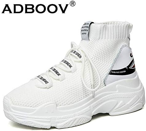 ADBOOV High Top Men Women Sneakers 5 cm Thick Sole Sock Shoes Knit Vamp Breathable Dad Shoes White Black Sapato Feminino