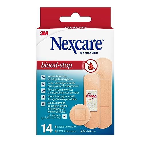 Nexcare Blood-Stop Spots, Assorted Sizes, 14 Plasters per Pack, Efficient Blood Stop Plasters for Small Cuts and Wounds, Plasters for First Aid Kits