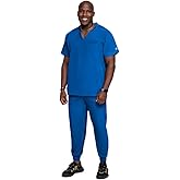 Anwu Scrub Men Set, Straight Leg Pant- 5 Pockets with V Neck Shirt, Modern, Short Sleeves, Moisture- Wicking