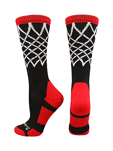 MadSportsStuff Crew Length Elite Basketball Socks with Net (Black/Red, Small)