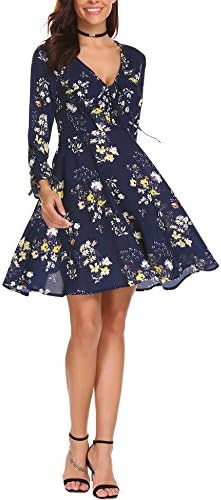 Women Flowy Boho V Neck Floral Print A-Line Chiffon Dress Long Sleeve