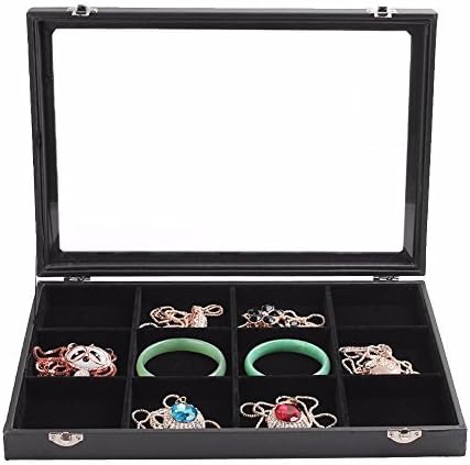 Soaptree 12 Grid Velvet Jewelry Case Jewelry Display Stackable Organizer Glass Top With Lock and Lid ,1 Piece (12 Grid Box Black)