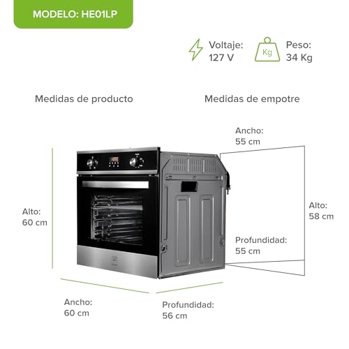 AVERA Horno empotrable de Gas LP con asistencia por conveccion, Capacidad de 58 L, 5 Modos de cocción, Temporizador digital 24 hrs, Contro por perillas, Temperatura 130 a 250°C | HE01LP
