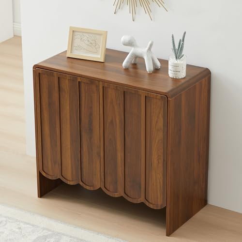 Sideboard Buffet Cabinet Set of 2, Accent Storage Cabinet with 2 Doors, Farmhouse Wood Cabinet with Adjustable Shelves and Wave Panel for Living Room, Dining Room, Entry - Walnut