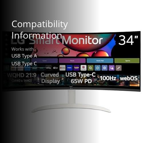 LG 34SR63QA-W 34 inch Smart Curved Monitor with Streaming TV, QHD 1440p, UltraWide Screen, USB Type-C 65W PD, 1800R, webOS, HDR10, 100Hz, Built-in Speaker, AirPlay2, Screen Share, Bluetooth, White