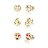 Emoji Stud Earrings 18K Gold Plated Assorted Smiley Emoticon Ear Rings 3 Pair Sets