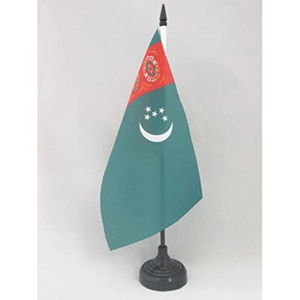 AZ FLAG Turkmenistan Old Table Flag 5'' x 8'' - Turkmen Office Decoration 100% Polyester 21 x 14 cm - Mini Desk Flag with Pole and Black Plastic Base