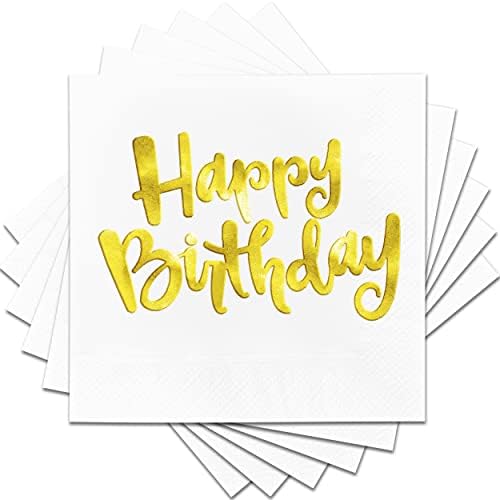Happy Birthday Party Napkins Cocktail Paper Gold Foil 50 Pack 2 Ply 5x5