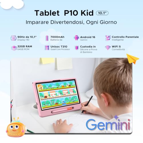Easerush P10 Kid Tablet con Penna Custodia in Silicone, Rosa | Tablet 10 Pollici con 32GB RAM+64GB ROM Tablet per Bambini, 90Hz Tablet Android 16 & Gemini AI, 7000mAhT310/5G WiFi/8MP+5MP