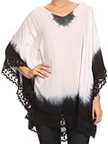 Sakkas NP23786 - Jix Long Embroidery Crochet Lace Tie Dye V Neck Poncho Blouse Shirt Top - Grey - OS