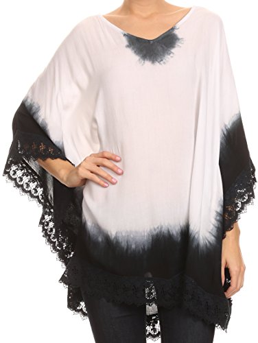 Sakkas NP23786 - Jix Long Embroidery Crochet Lace Tie Dye V Neck Poncho Blouse Shirt Top - Grey - OS