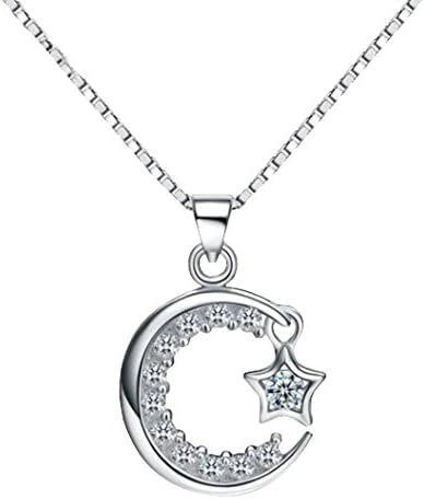 Pink Universe Shining Moon and Star Zircon Pendant Necklace 17.7 Inch